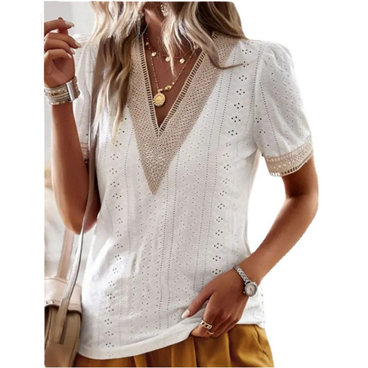 Dame Elegant Bluse med V-halsudskæring og Spidselement Stilla