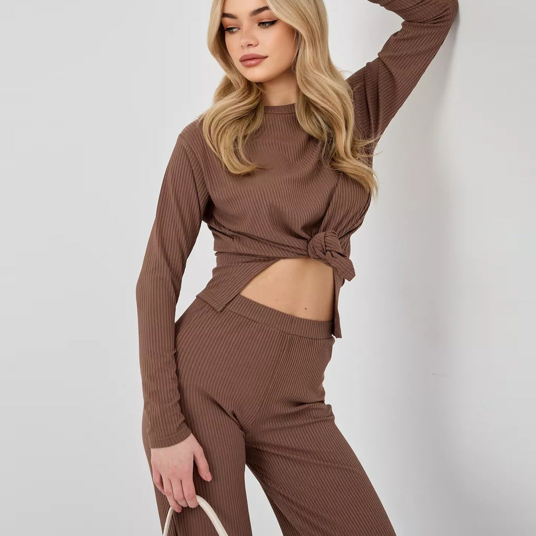 Dame cropped Langærmet skjorte med moderne knude design og fin rib struktur Stilla