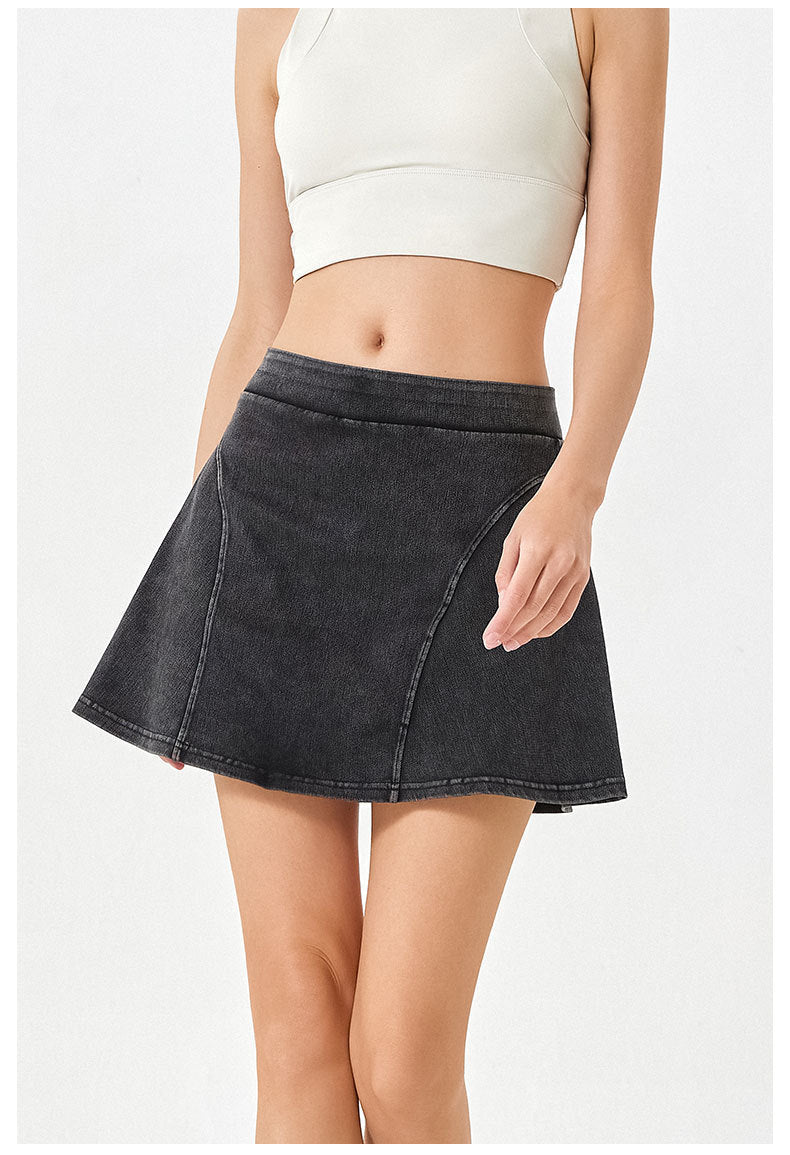 Stilla | Høj Talje Falsk to Delt Denim Yoga Nederdel Slank Fit Hofte Løft Fitness Shorts