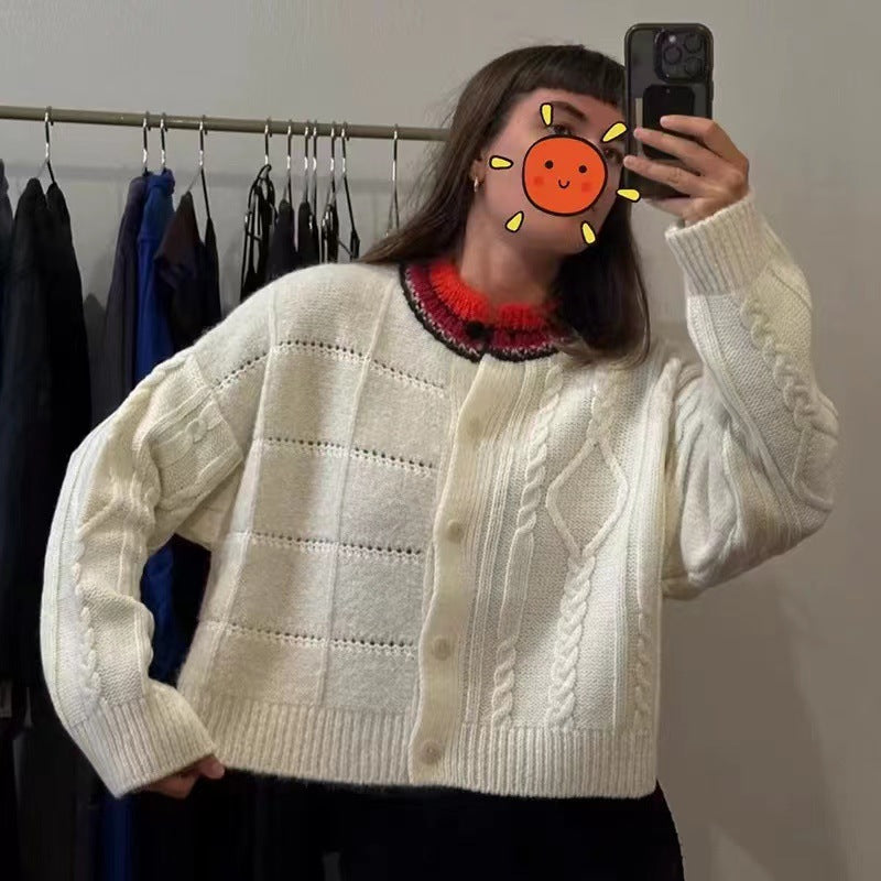 Dame cropped strikjakke med to teksturer og voluminøs krave Stilla