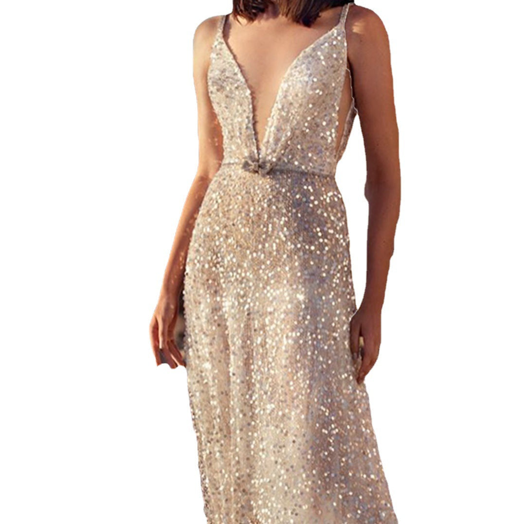 Dame Elegant aftenkjole med glitrende pailetter og dyb V-udskæring Stilla