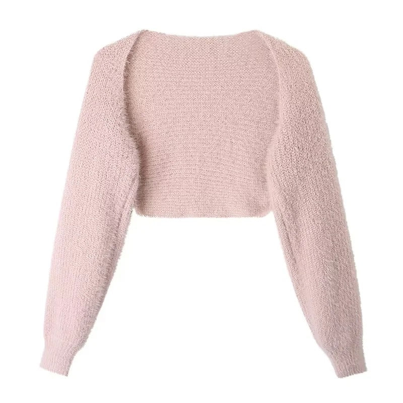 Dame cropped strikpullover med blød uldmix og elegante puffærmer Stilla