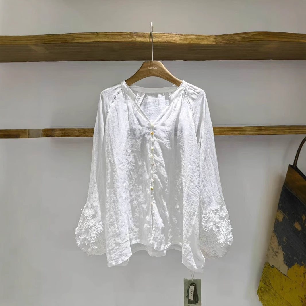 Dame Elegant Bluse med Blonder og Knapper Stilla