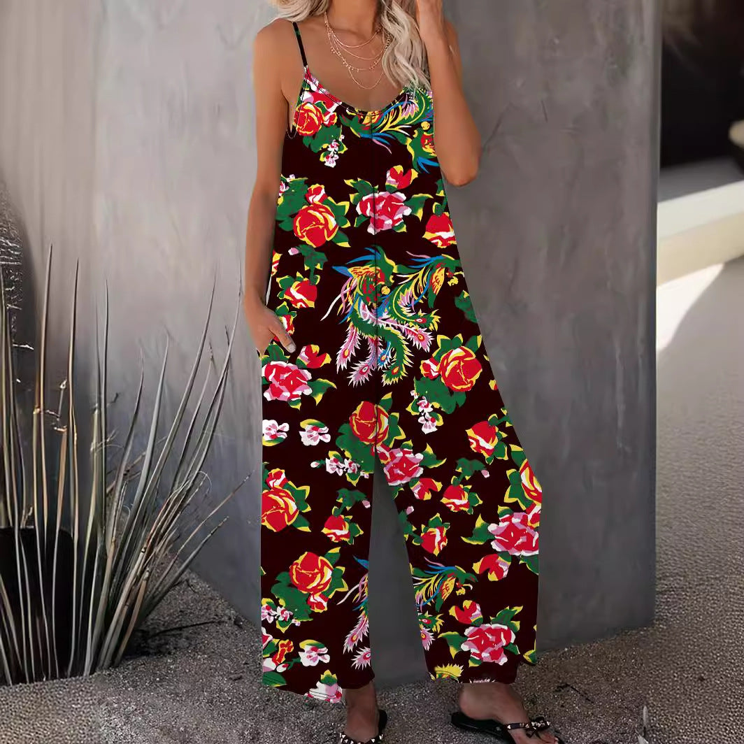 Dame Floral Print Bredbenet Jumpsuit Stilla