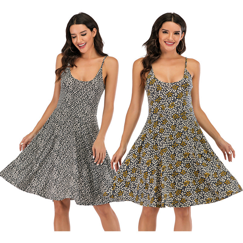 Dame A-linje kjole med spaghetti stropper og dyretryk Stilla