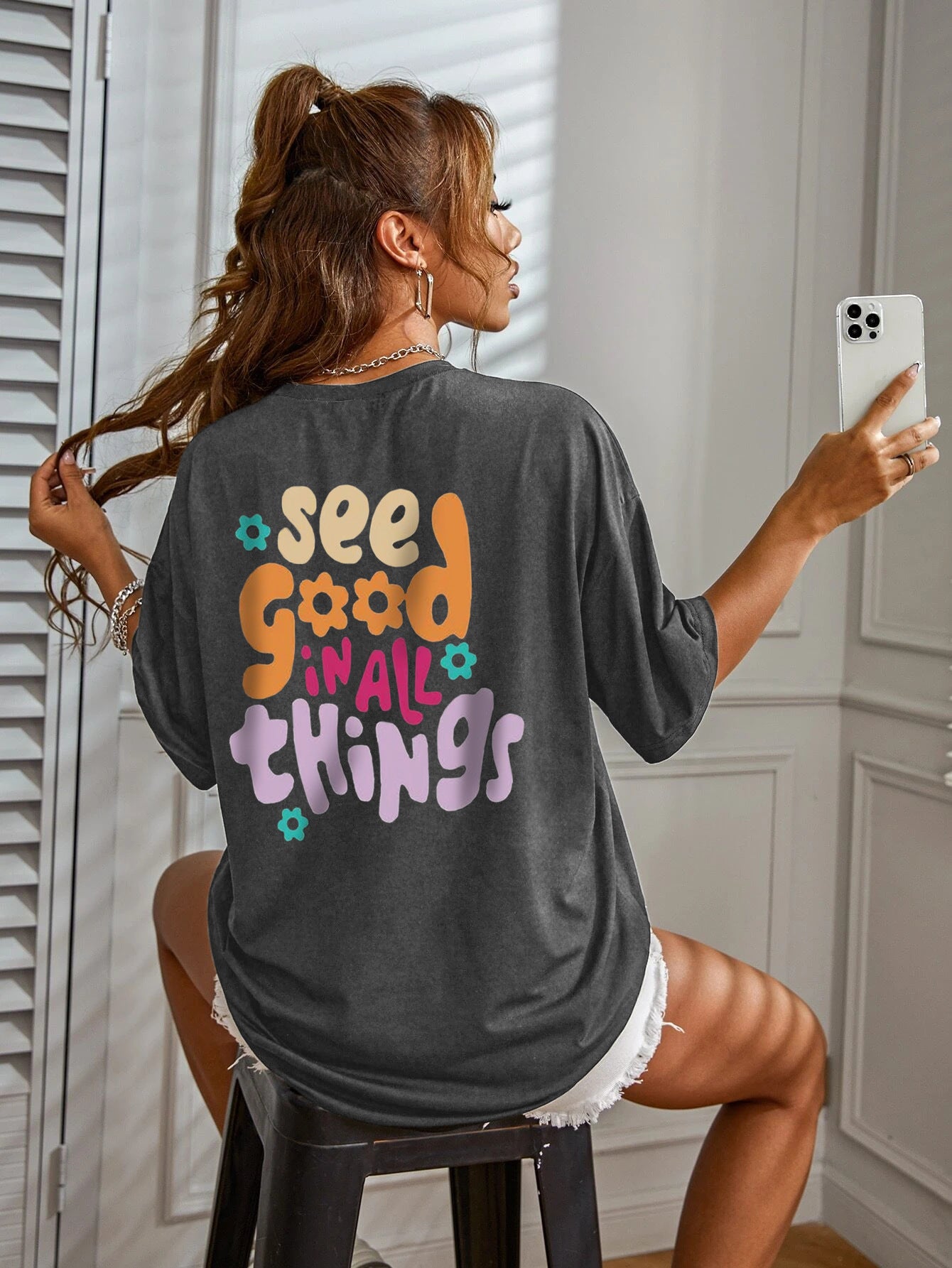 Dame afslappet oversized T-shirt med motiverende slogan Stilla