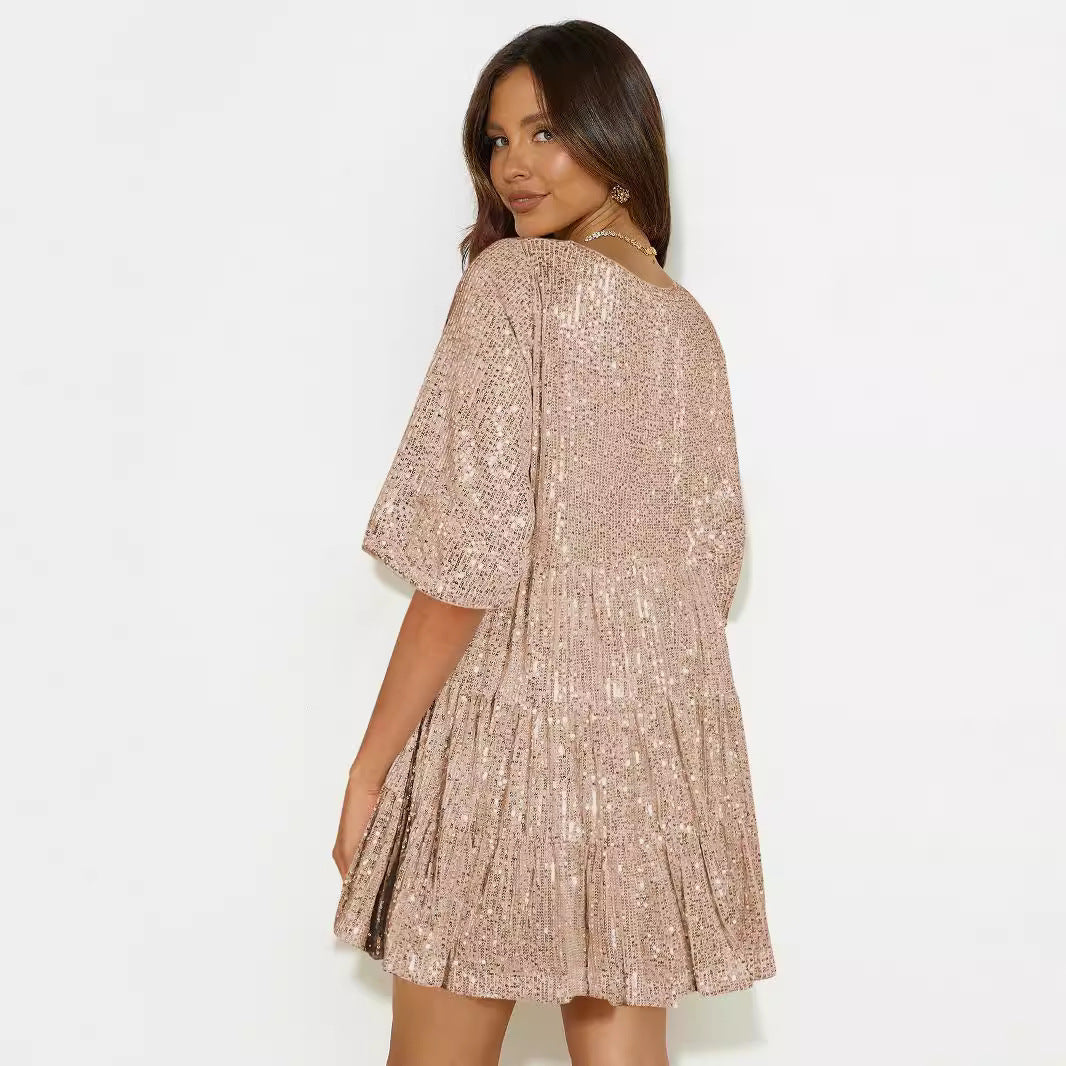 Dame afslappet kortærmet kjole i let bomuldsblanding med elastisk taljebånd Stilla