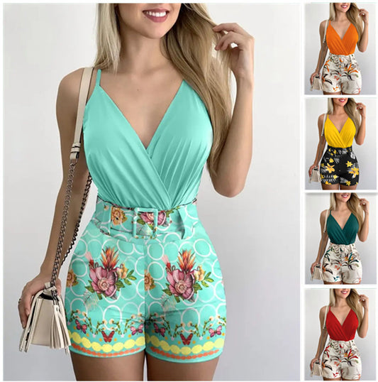 Dame Floral Print Wrap Bodysuit med Højtaljede Shorts Stilla