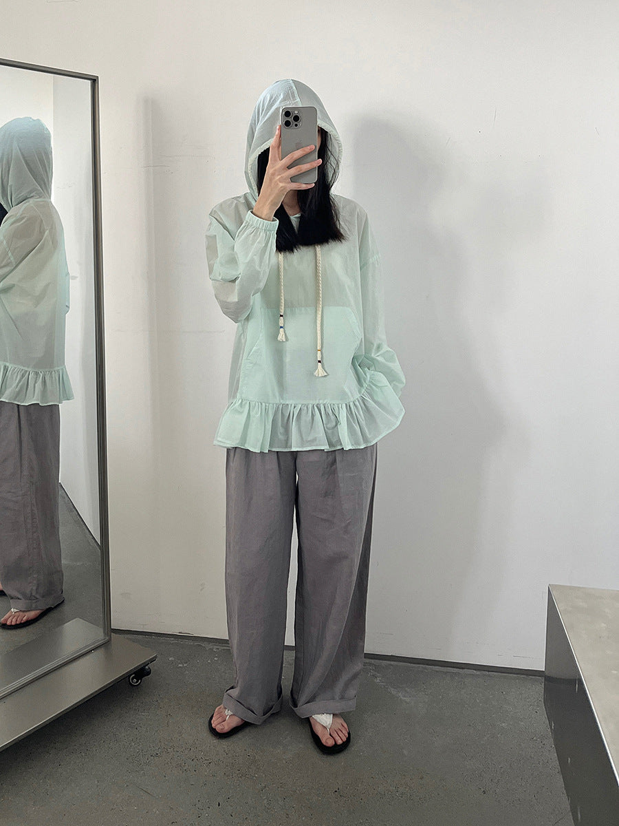 Dame afslappet hættetrøje med flæsekant og fin bomuldsstruktur Stilla