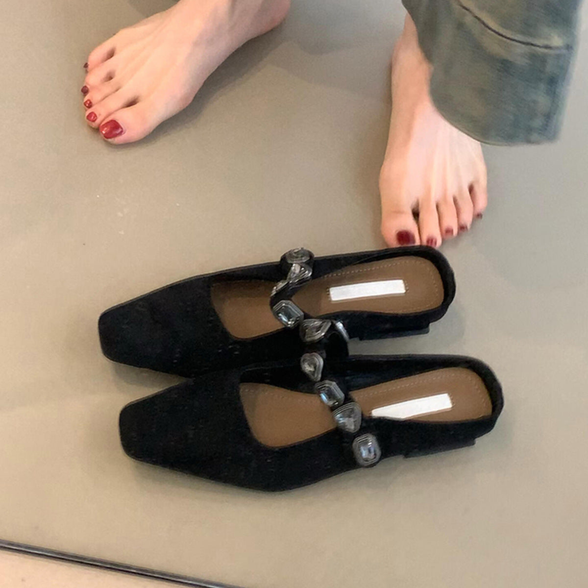 Dame elegant firkantet tå Slingback Mules med dekorativ rem Stilla