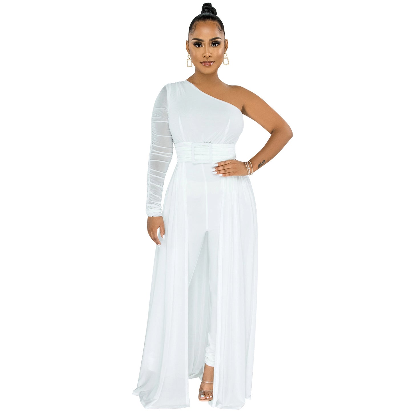 Dame Elegant En-skulder Jumpsuit med gennemsigtig overkjole og figursyet bælte Stilla