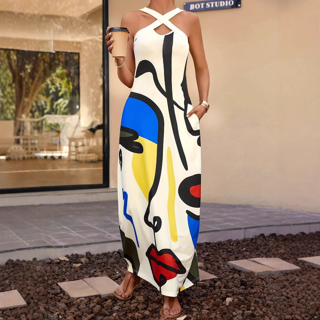 Dame Cross-Back Abstrakt Kunst Maxi Kjole Stilla