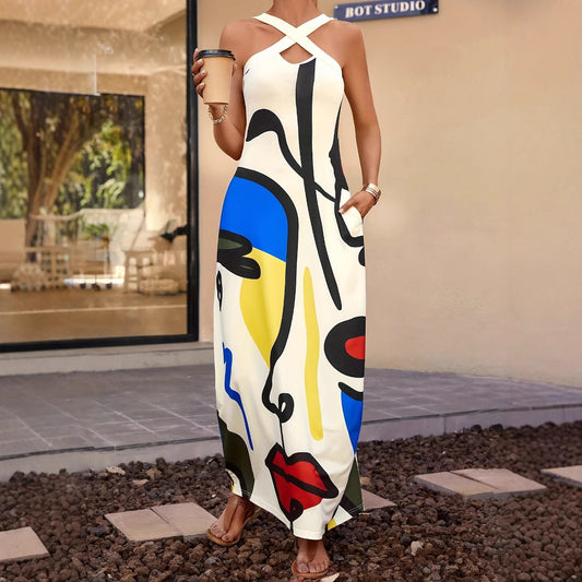 Dame Cross-Back Abstrakt Kunst Maxi Kjole Stilla