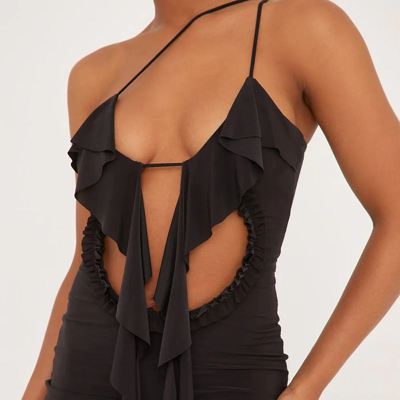 Dame Cut-Out Minikjole med flydende flæserdesign og asymmetrisk stropper Stilla