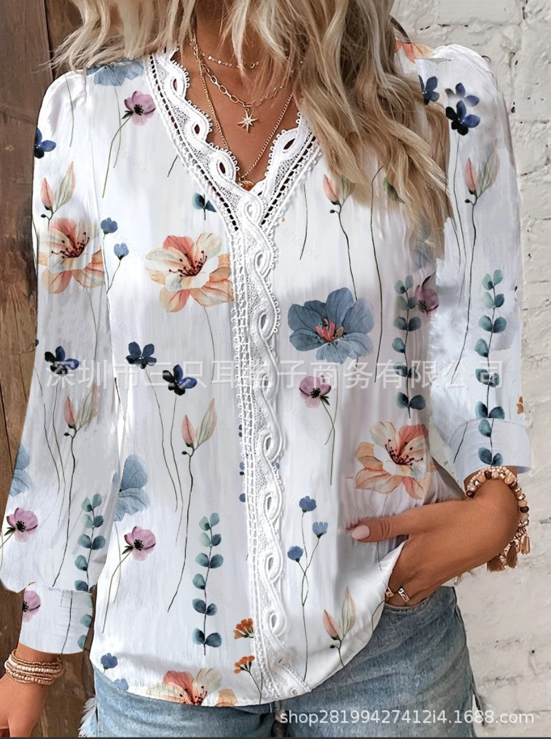 Dame elegant bluse med blomster broderier og romantisk hæklede detaljer Stilla