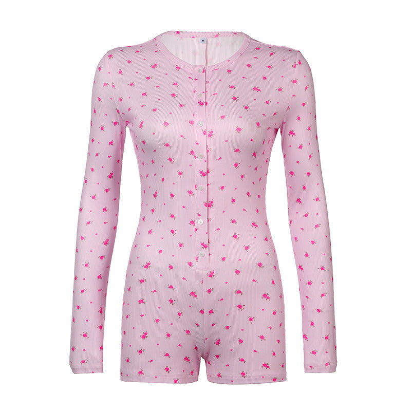 Dame Langærmet Jumpsuit med blomstermønster og knaplukning Stilla