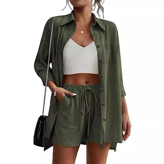 Dame afslappet linned sæt med korte bukser og skjorte Stilla