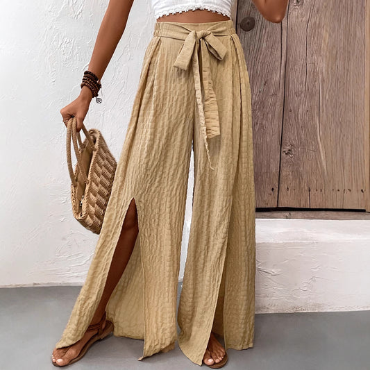 Dame elegant bred sommerbukser med sideløsning og bindebånd Stilla