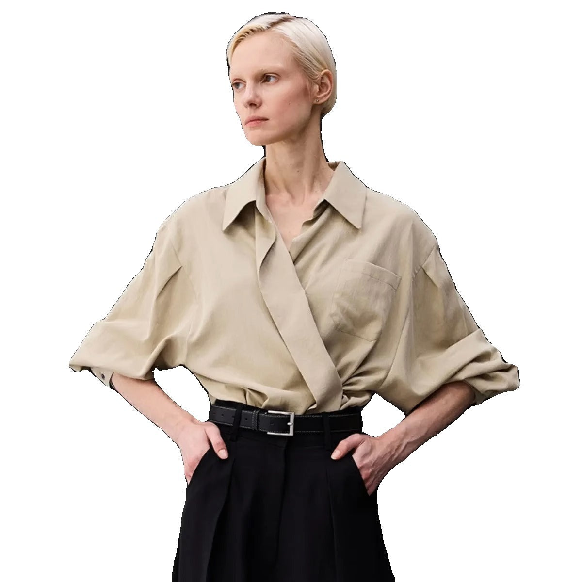 Dame elegant indpakningsbluse med stor krave og brede ærmer Stilla