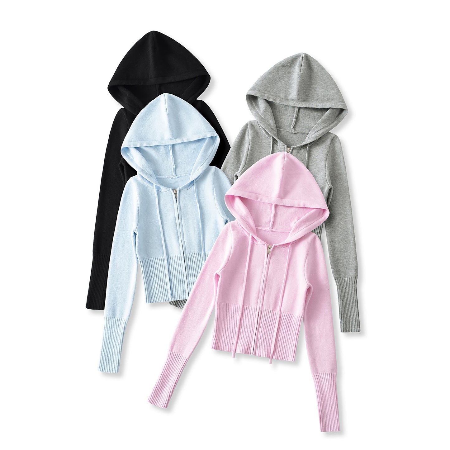 Dame Cropped Hoodie lavet af blødt strikmateriale med lynlås og hætte Stilla