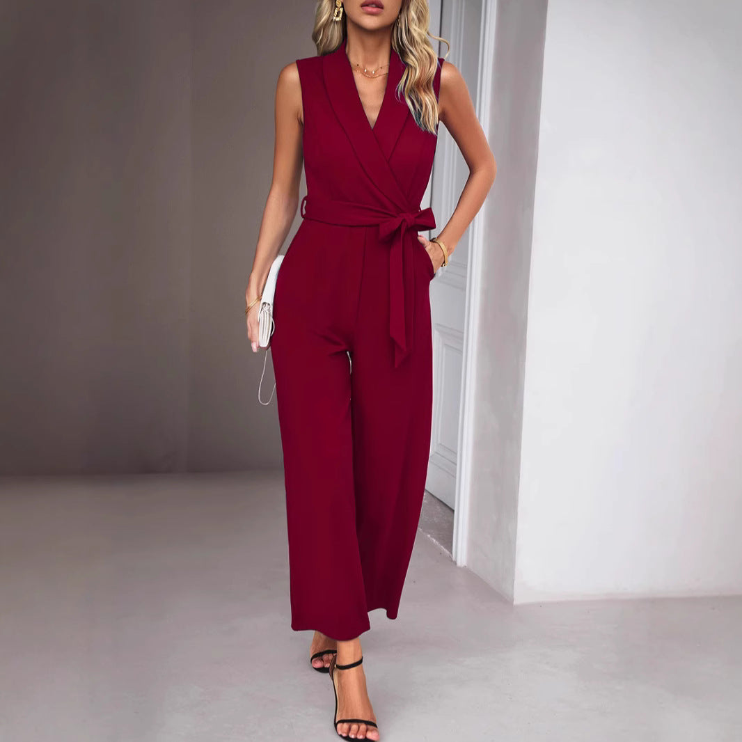 Dame Elegant Jumpsuit med Vikkelook og Taljebelte Stilla