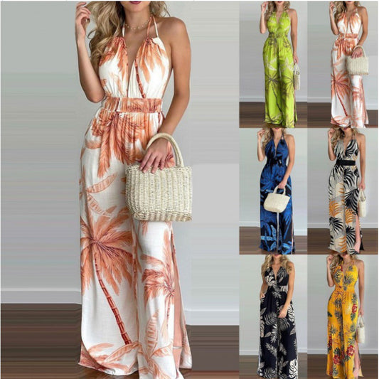 Dame Tropisk Tryk Højslidt Jumpsuit Stilla