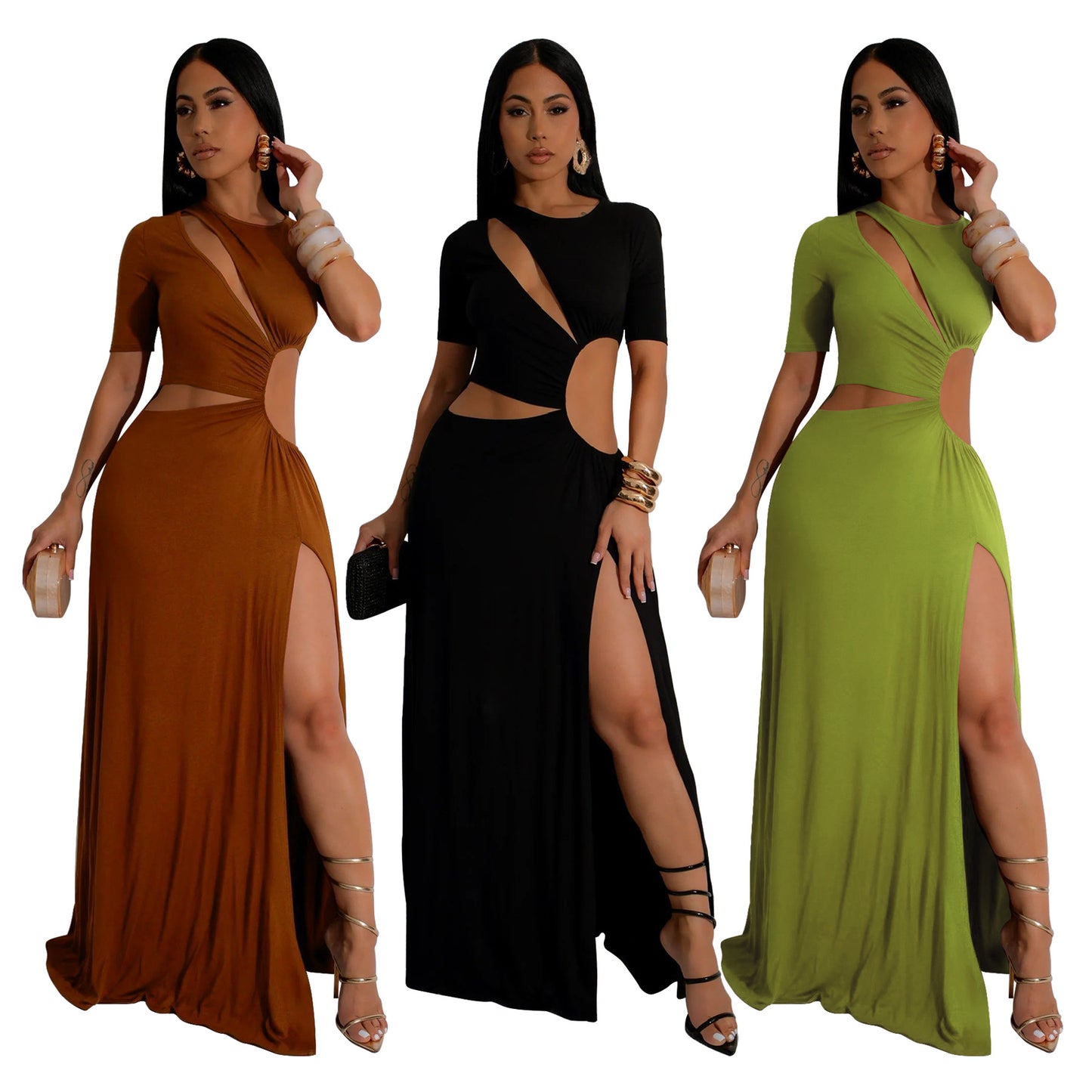 Dame Cut-Out Maxikjole med elegant indpakningsdesign og høj slids Stilla