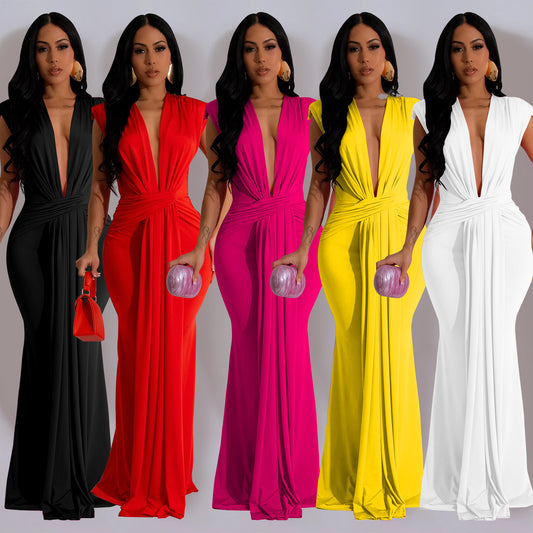 Dame Elegant dybudskåret maxikjole med knudeformet design og flydende stof Stilla