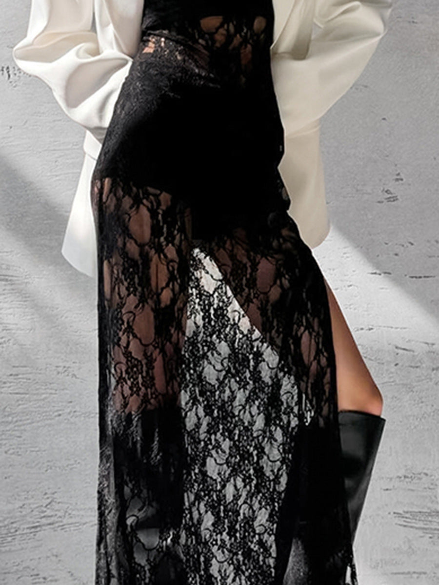 Dame Elegant blazer-outfit med gennemsigtig spidspullover lang jakke Stilla