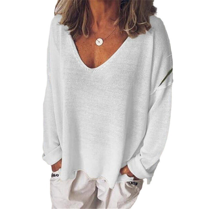 Dame afslappet langærmet T-shirt med dyb V-udskæring og oversized snit Stilla