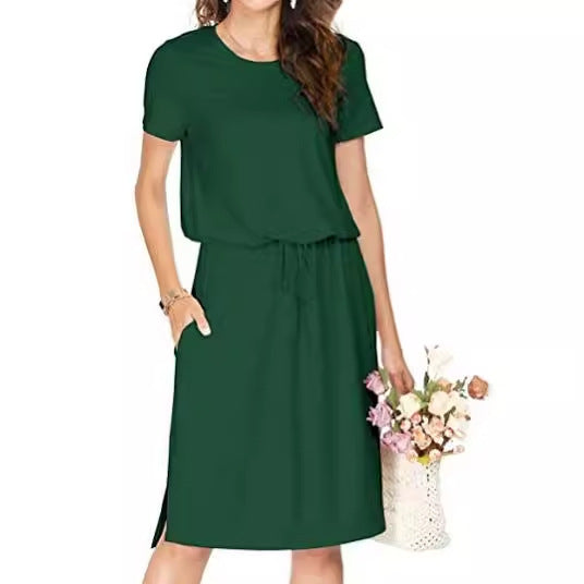 Dame afslappet midi-kjole med elastisk talje bånd og praktiske lommer Stilla