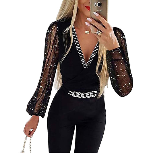 Dame Elegant Jumpsuit med glitrende ærmer og dyb V-udskæring Stilla