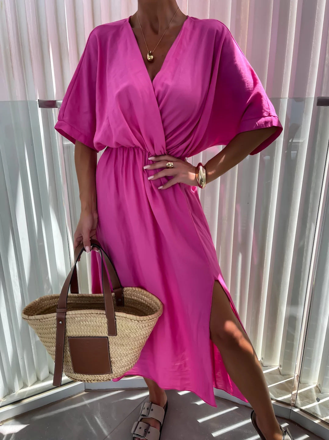 Dame afslappet maxikjole med viklelook og sideslids Stilla