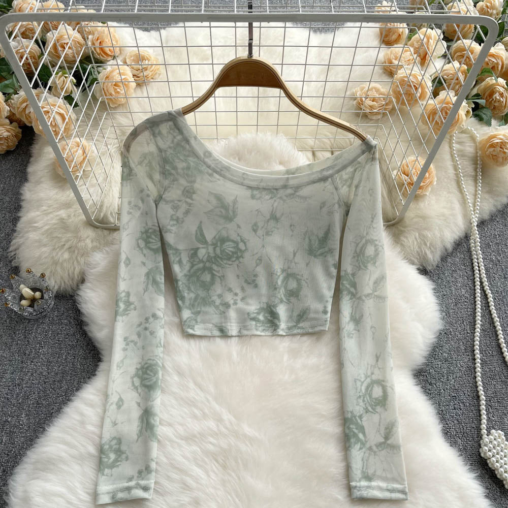 Dame cropped langærmet top med moderne batikmønster Stilla