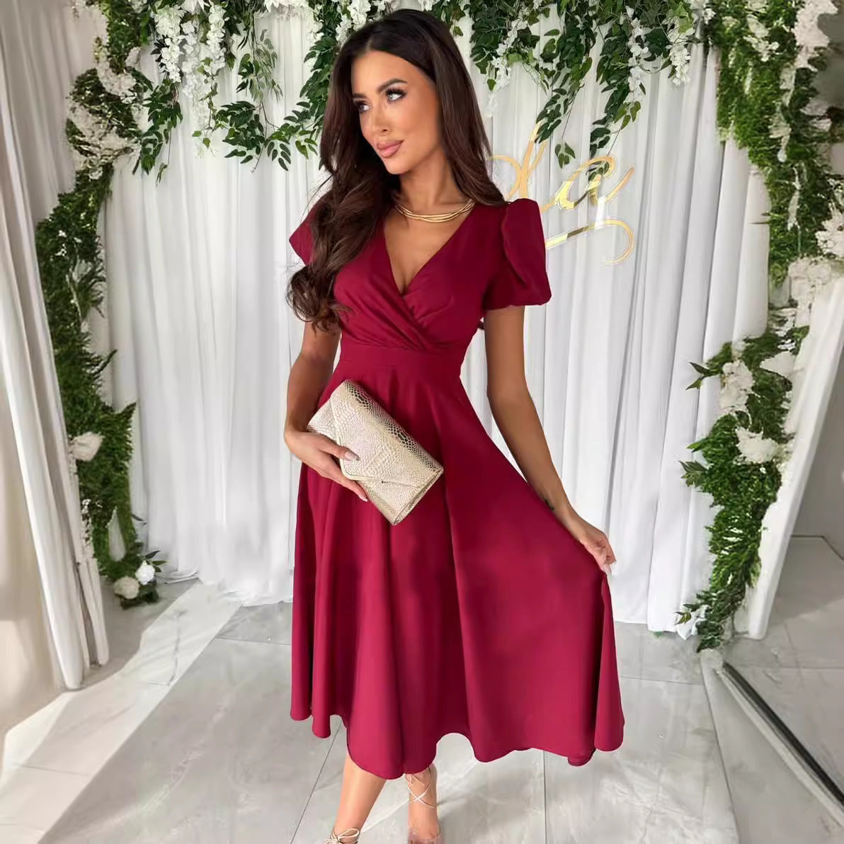 Dame Elegant A-linje Kjole med romantisk V-hals og Pufærmer Stilla