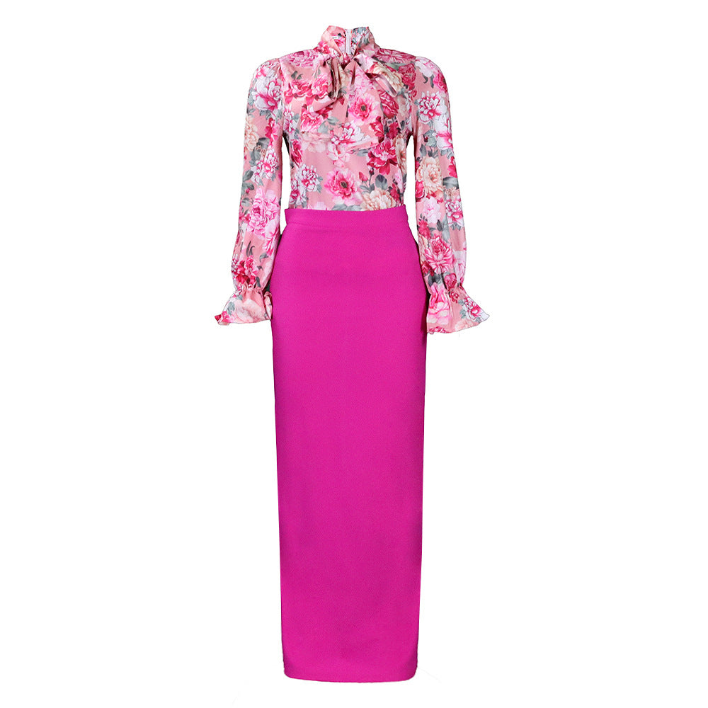 Dame Elegant bluse sæt med blomster mønster og tætsiddende midiskørt Stilla