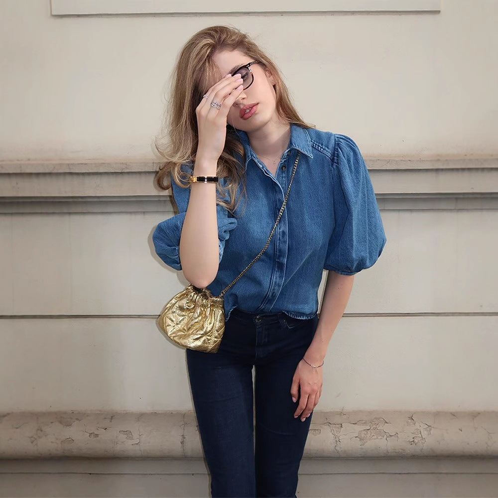 Dame Denim-bluse med voluminøse puffærmer Stilla