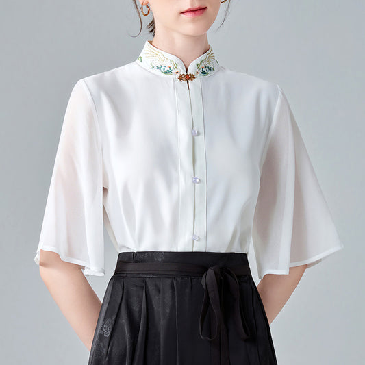 Dame elegant bluse med blomsterbroderier og gennemsigtige ærmer Stilla