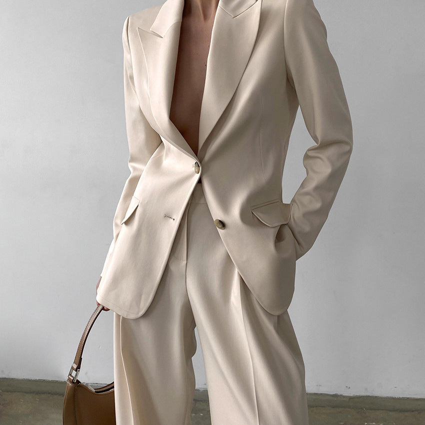 Dame elegant blazer-buks sæt med taljeret snit og bredt ben Stilla