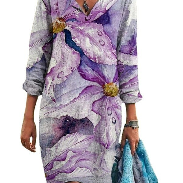 Dame afslappet langærmet kjole med dyb V-udskæring og unik farvegradient Stilla