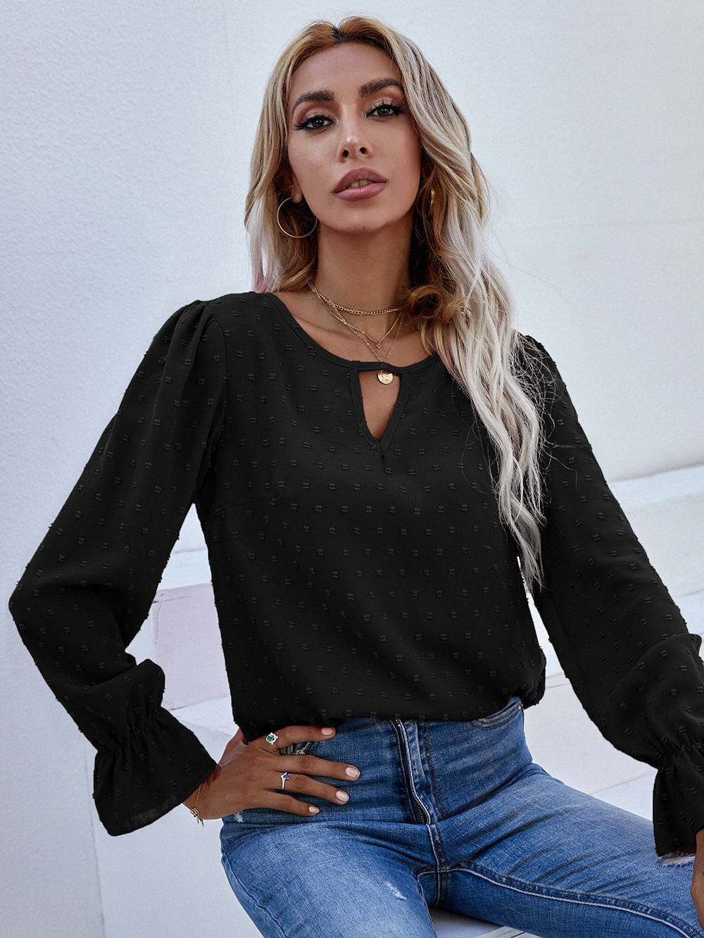 Dame Elegant Bluse med strukturerede Pufærmer og Byvenligt Design Stilla