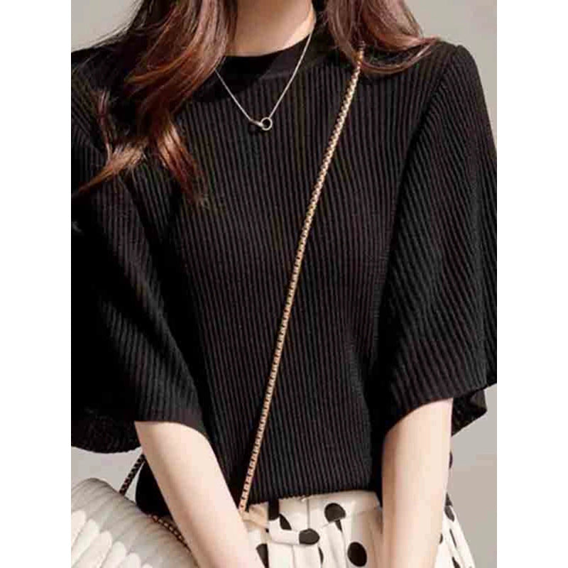 Dame afslappet ribstrikket top med vide ærmer og høj krave Stilla