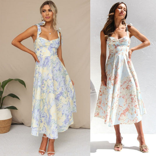 Dame Elegant Floral Midi Kjole med flatterende Bindebånd Stilla