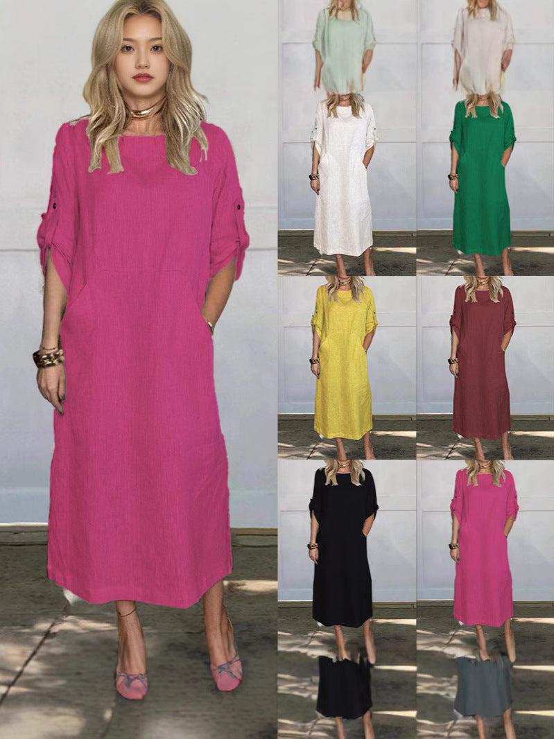 Dame afslappet maxikjole med praktiske lommer og oppullede ærmer Stilla