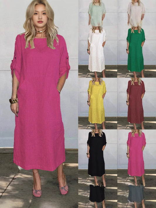 Dame afslappet maxikjole med praktiske lommer og oppullede ærmer Stilla