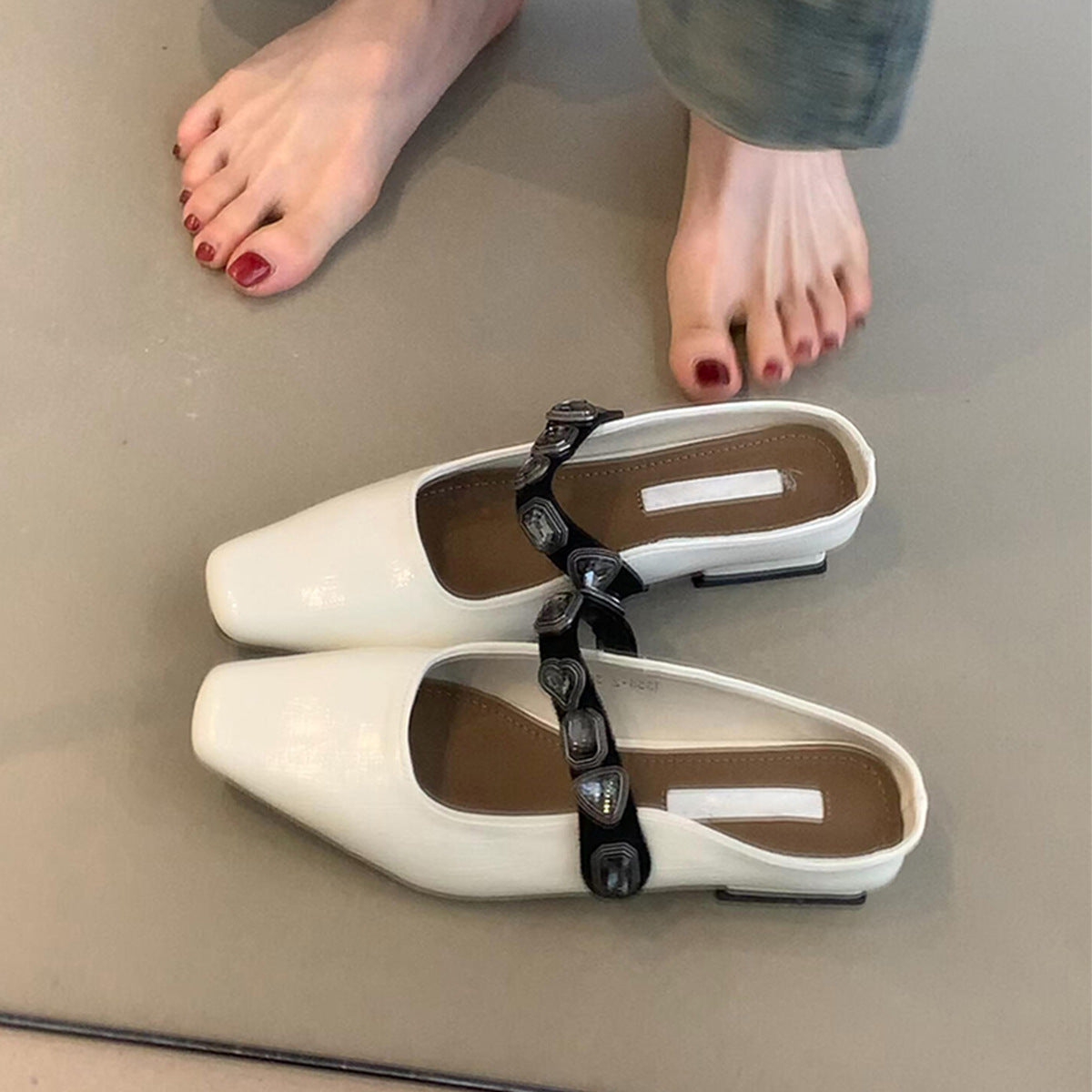 Dame elegant firkantet tå Slingback Mules med dekorativ rem Stilla