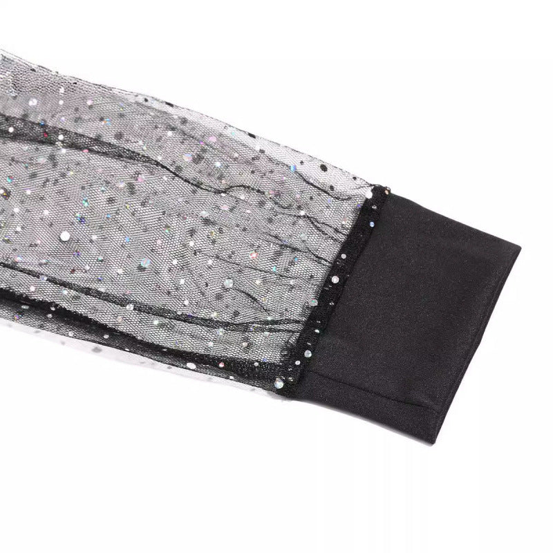 Dame elegant glitrende mini-kjole med gennemsigtige lange ærmer Stilla