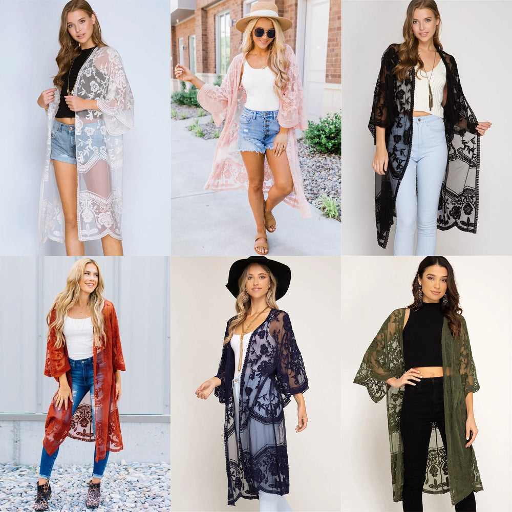 Dame Elegant Hækle-Kimono med florale Detaljer Stilla