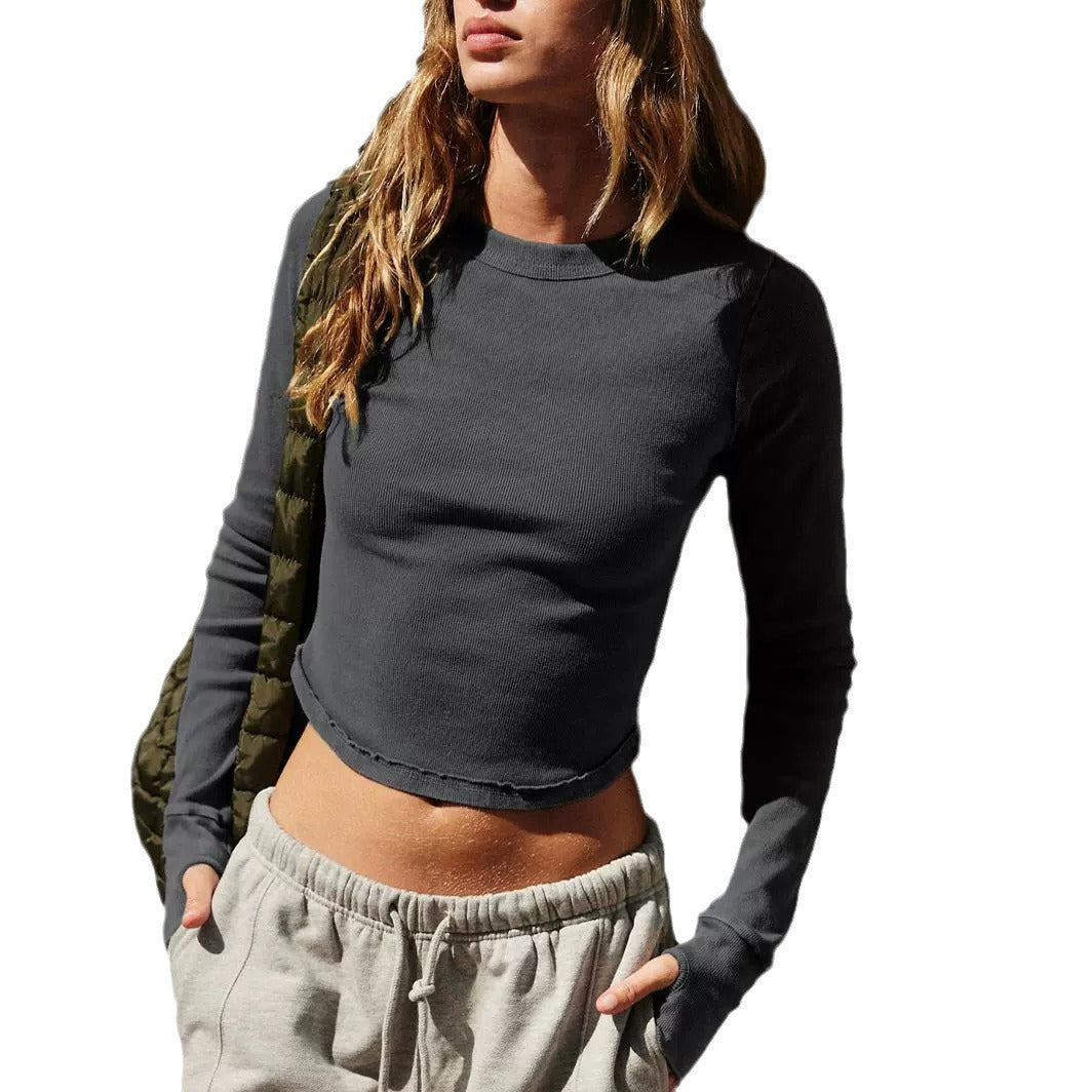 Dame cropped Langarmtrøje med fin ribstruktur Stilla