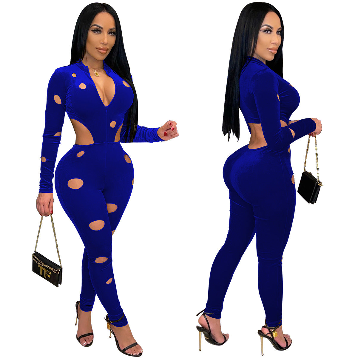Dame figursyet Cut-Out-Jumpsuit med lange ærmer og lynlås Stilla